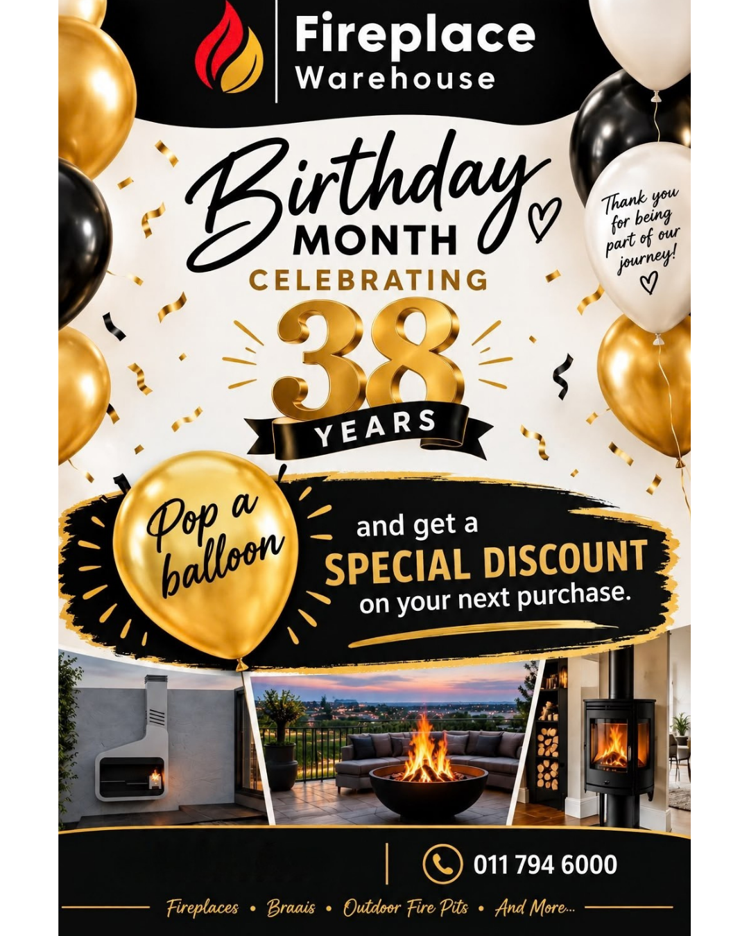 Fireplace Warehouse Birthday Month flyer — celebrating 38 years, pop a balloon and get a special discount on your next purchase